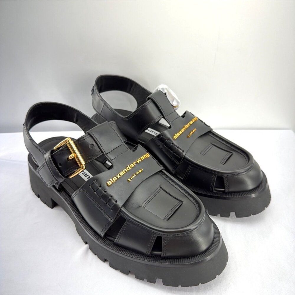 Alexander Wang Carter Cage Sandals Logo Black Leather Chunky Heel Women Size 38 - Picture 4 of 14